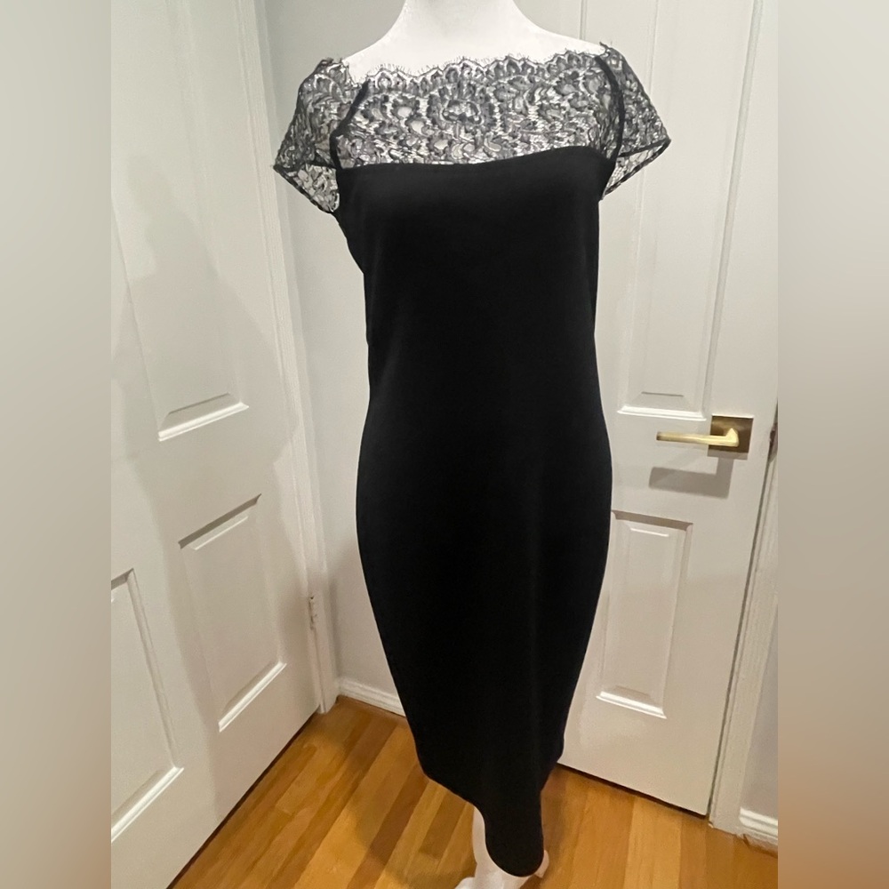 Elegant St John black knit dress with lace detail